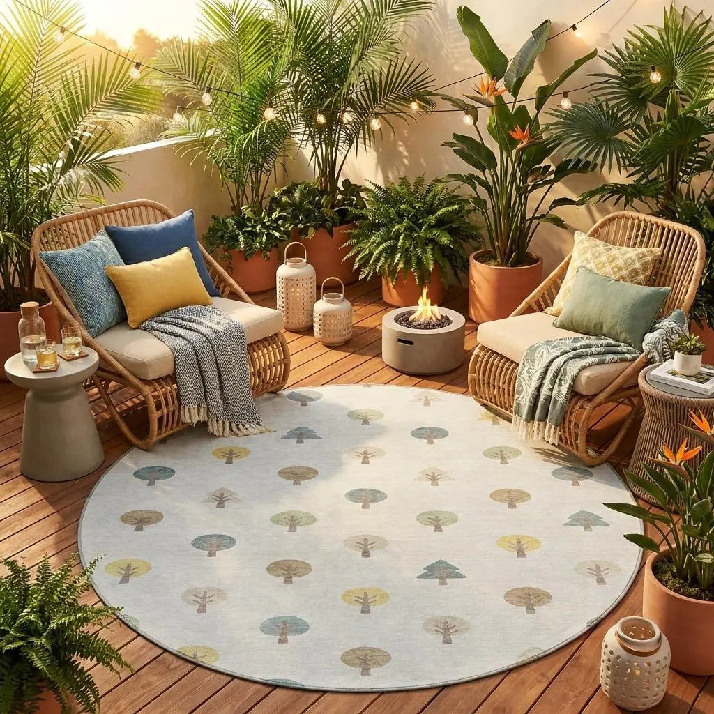 8' Ivory And Brown Round Geometric Washable Indoor Outdoor Area Rug Homeroots Outdoor