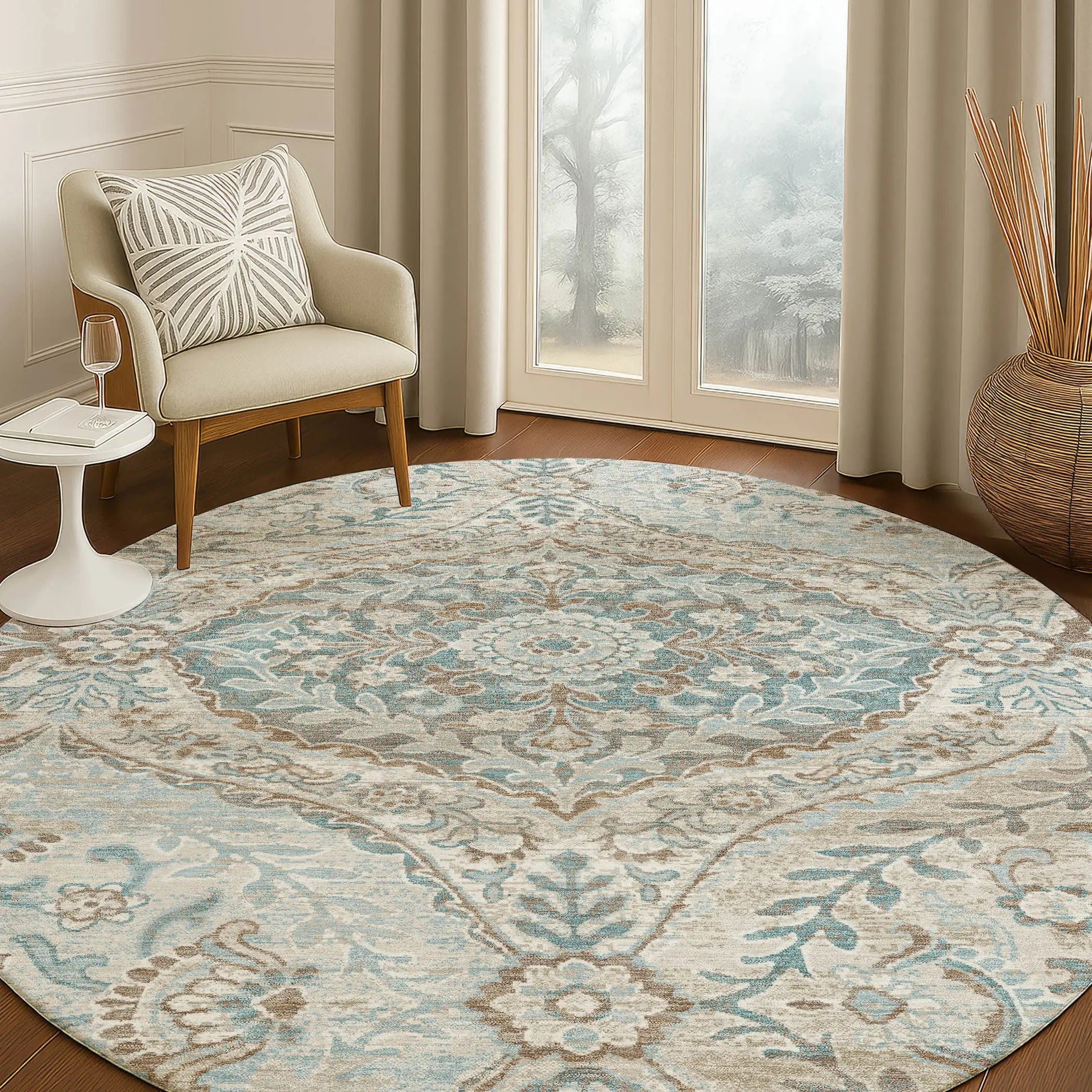 8' Ivory And Brown Round Ogee Washable Indoor Outdoor Area Rug Homeroots Outdoor