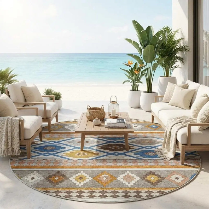 8' Ivory And Brown Round Southwestern Washable Indoor Outdoor Area Rug Homeroots Outdoor