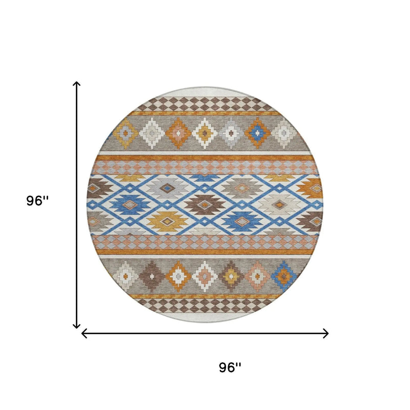 8' Ivory And Brown Round Southwestern Washable Indoor Outdoor Area Rug Homeroots Outdoor