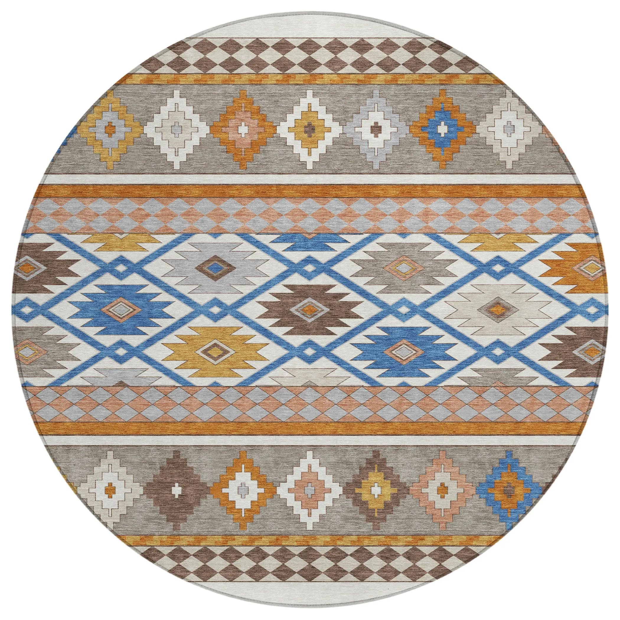 8' Ivory And Brown Round Southwestern Washable Indoor Outdoor Area Rug Homeroots Outdoor