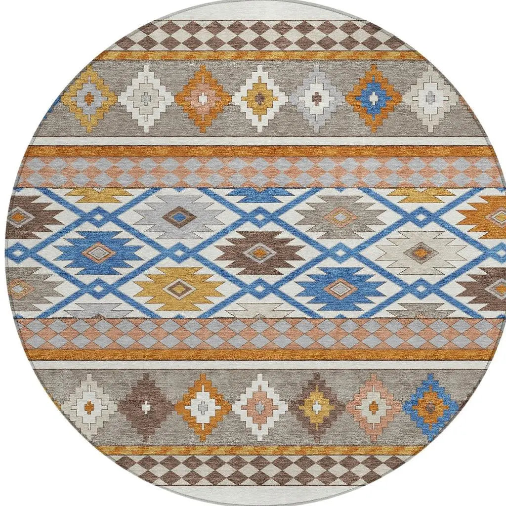 8' Ivory And Brown Round Southwestern Washable Indoor Outdoor Area Rug Homeroots Outdoor