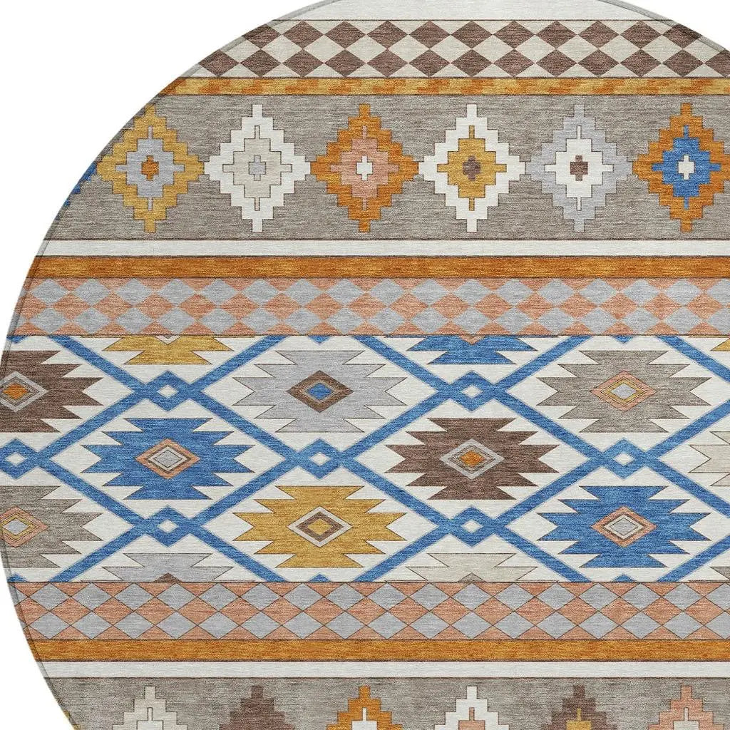 8' Ivory And Brown Round Southwestern Washable Indoor Outdoor Area Rug Homeroots Outdoor