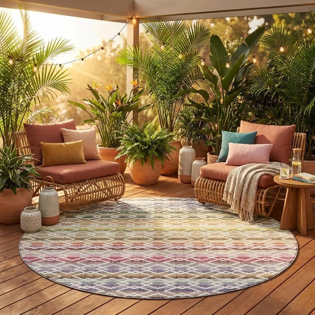 8' Ivory And Chocolate Round Striped Washable Indoor Outdoor Area Rug Homeroots Outdoor