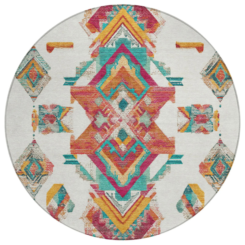 8' Ivory And Coral Round Tribal Washable Indoor Outdoor Area Rug Homeroots Outdoor