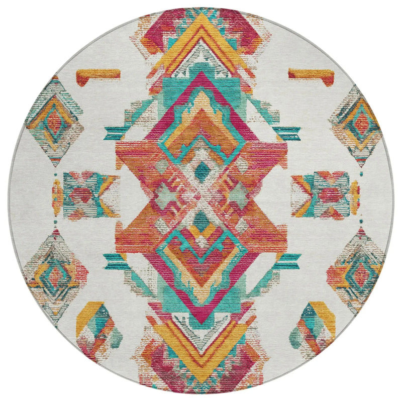 8' Ivory And Coral Round Tribal Washable Indoor Outdoor Area Rug Homeroots Outdoor