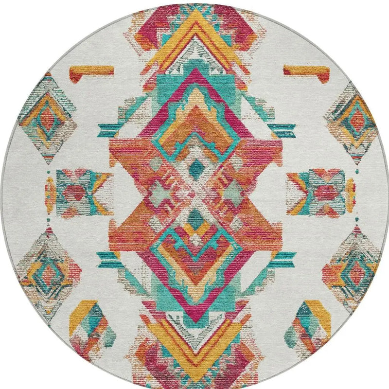8' Ivory And Coral Round Tribal Washable Indoor Outdoor Area Rug Homeroots Outdoor