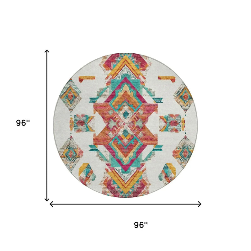 8' Ivory And Coral Round Tribal Washable Indoor Outdoor Area Rug Homeroots Outdoor