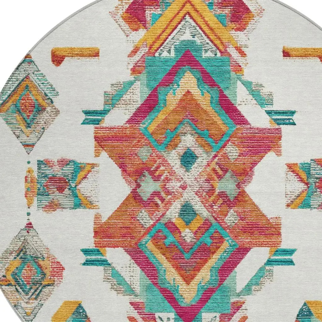 8' Ivory And Coral Round Tribal Washable Indoor Outdoor Area Rug Homeroots Outdoor