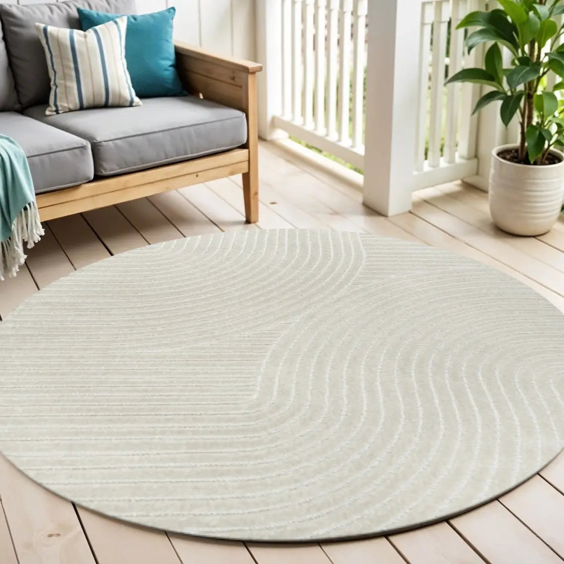 Beige textured round rug, made of soft fibers, complements modern indoor spaces, enhancing comfort and style.