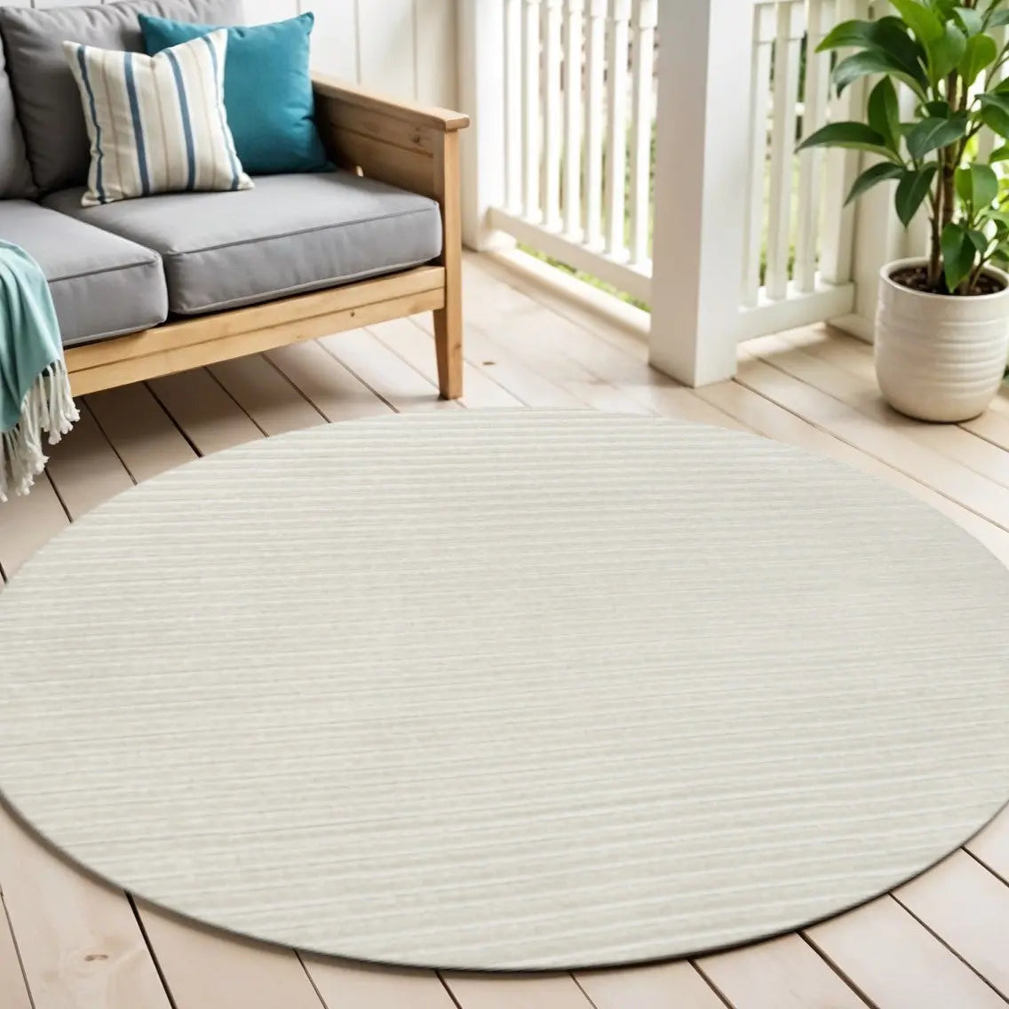 8' Ivory And Cream Round Striped Indoor Outdoor Area Rug Homeroots Outdoor