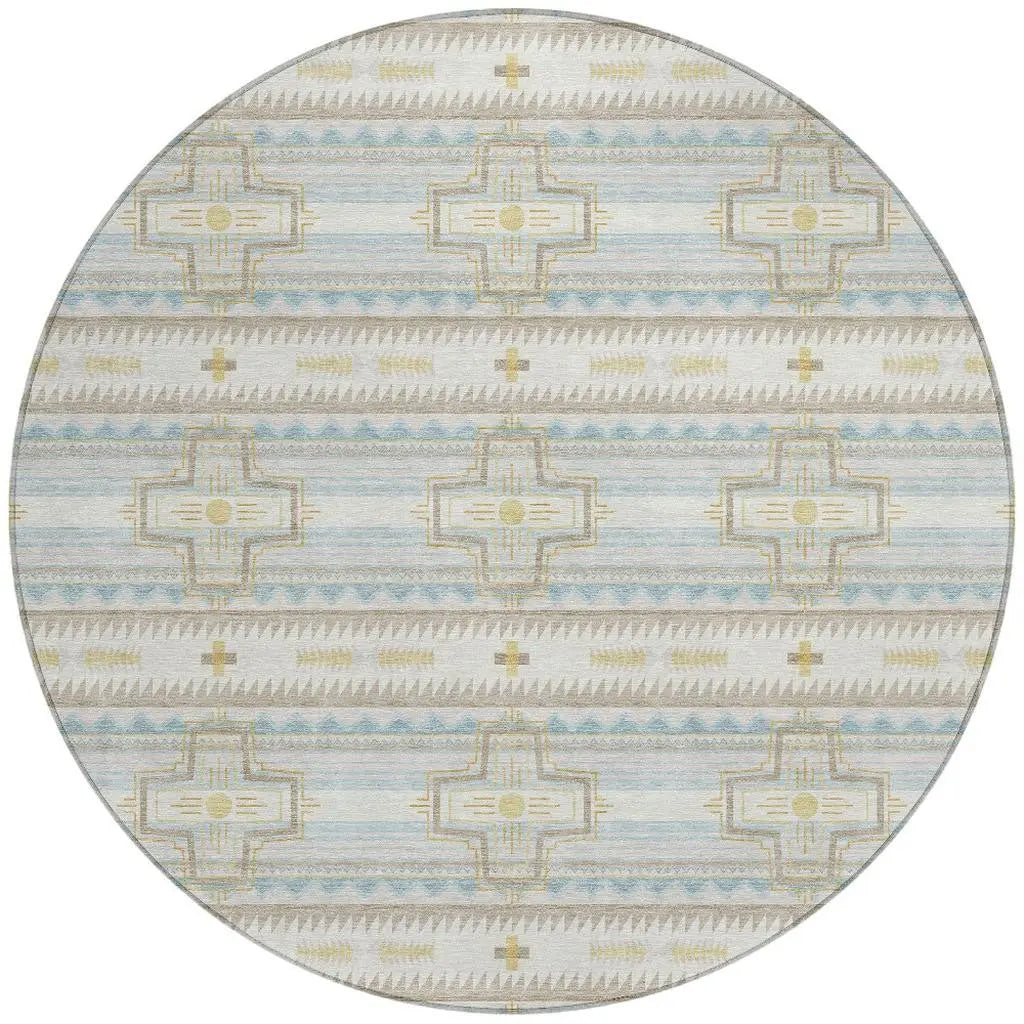 8' Ivory And Cream Round Tribal Washable Indoor Outdoor Area Rug Homeroots Outdoor
