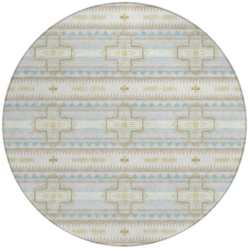 8' Ivory And Cream Round Tribal Washable Indoor Outdoor Area Rug Homeroots Outdoor