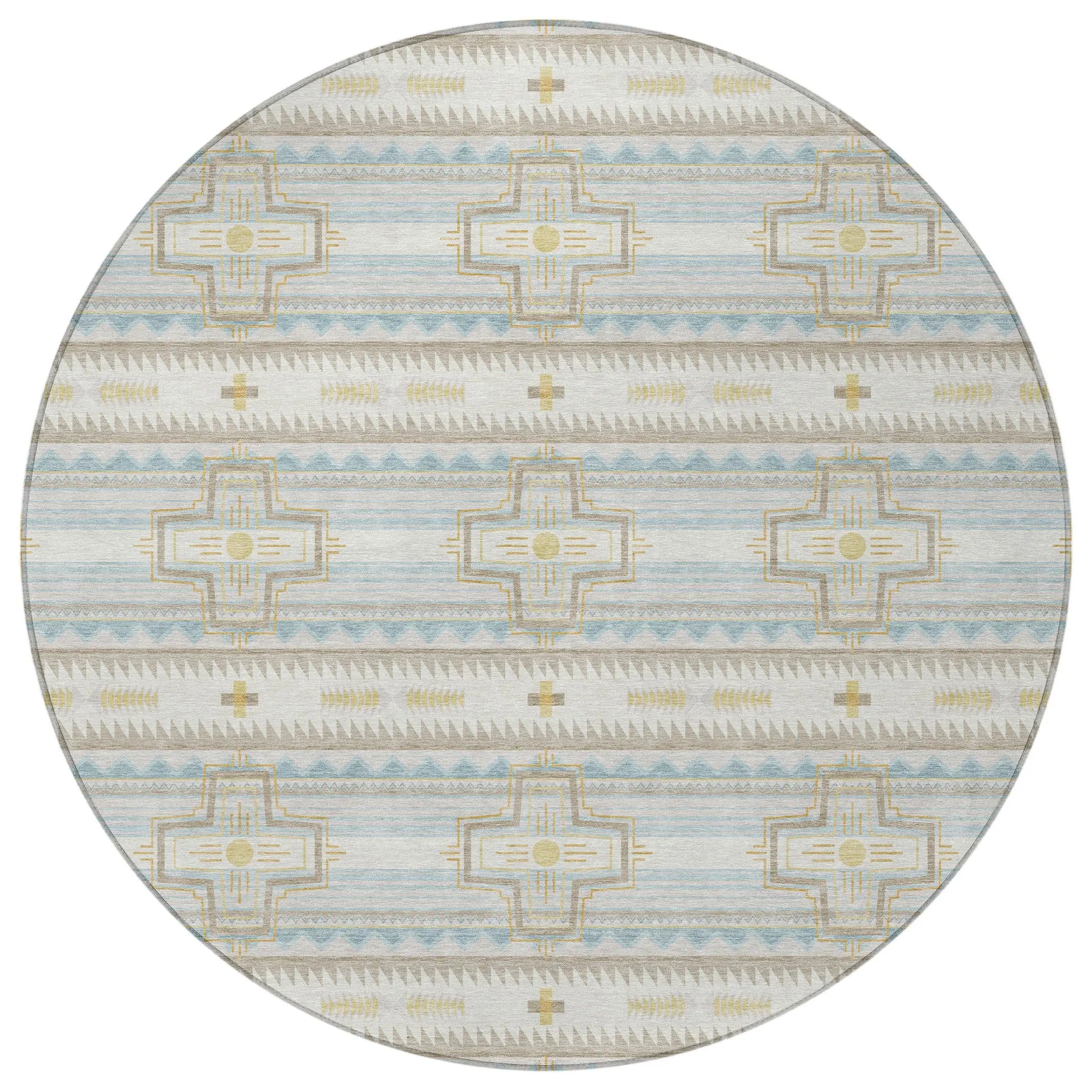 8' Ivory And Cream Round Tribal Washable Indoor Outdoor Area Rug Homeroots Outdoor
