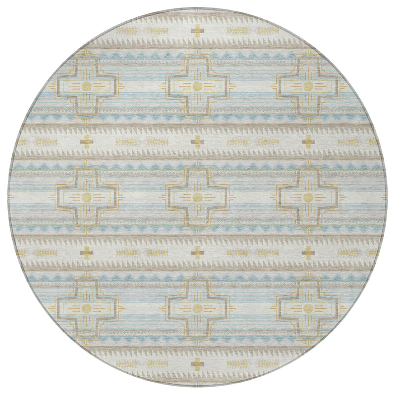 8' Ivory And Cream Round Tribal Washable Indoor Outdoor Area Rug Homeroots Outdoor