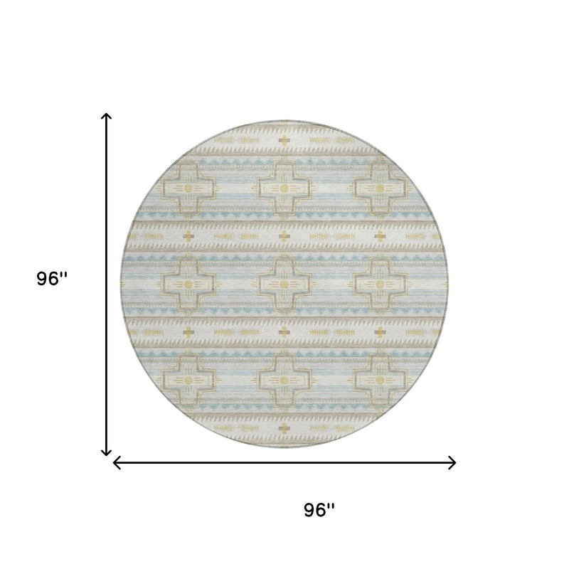 8' Ivory And Cream Round Tribal Washable Indoor Outdoor Area Rug Homeroots Outdoor