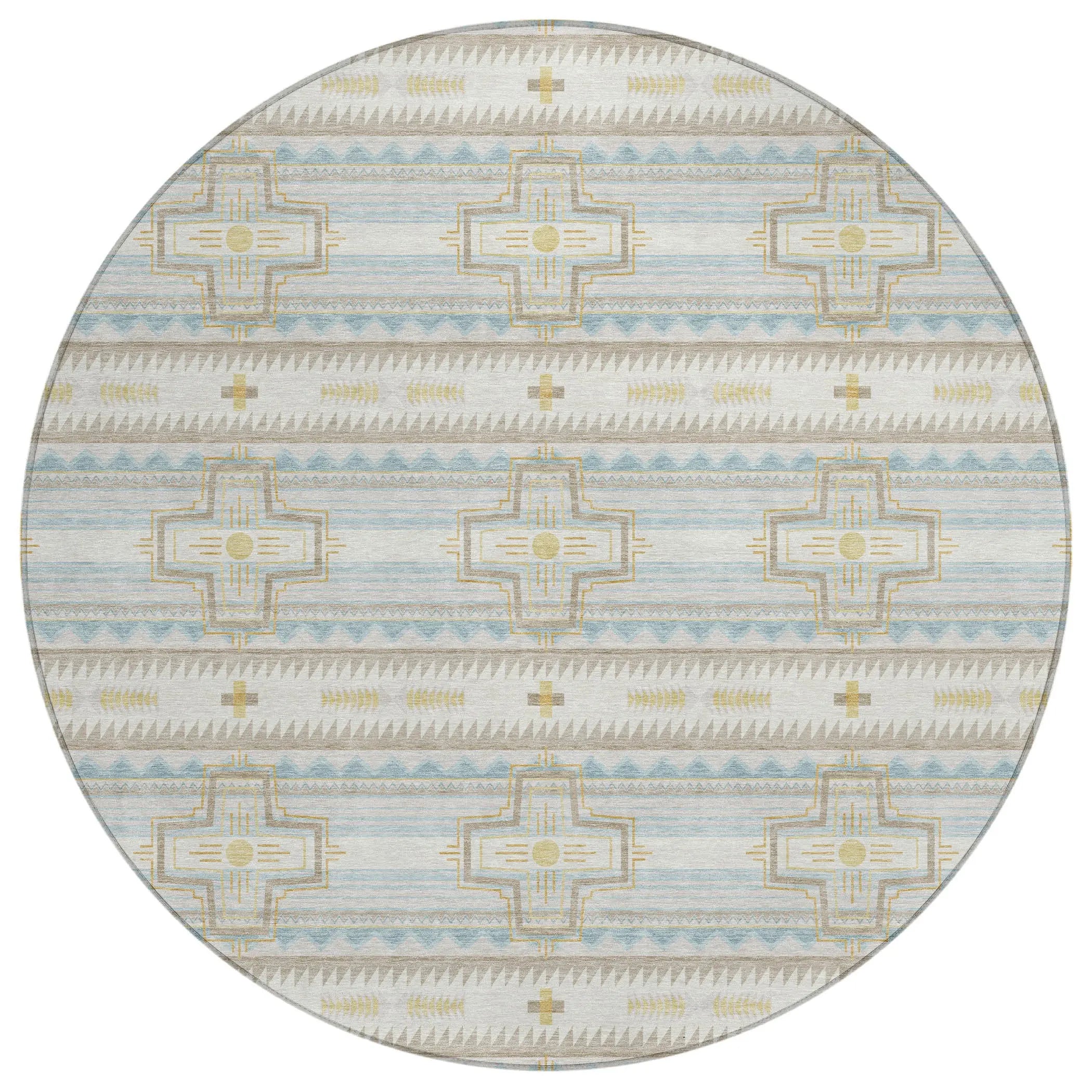 8' Ivory And Cream Round Tribal Washable Indoor Outdoor Area Rug Homeroots Outdoor