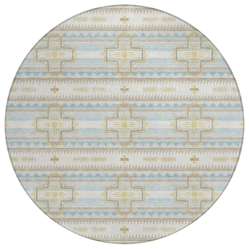 8' Ivory And Cream Round Tribal Washable Indoor Outdoor Area Rug Homeroots Outdoor