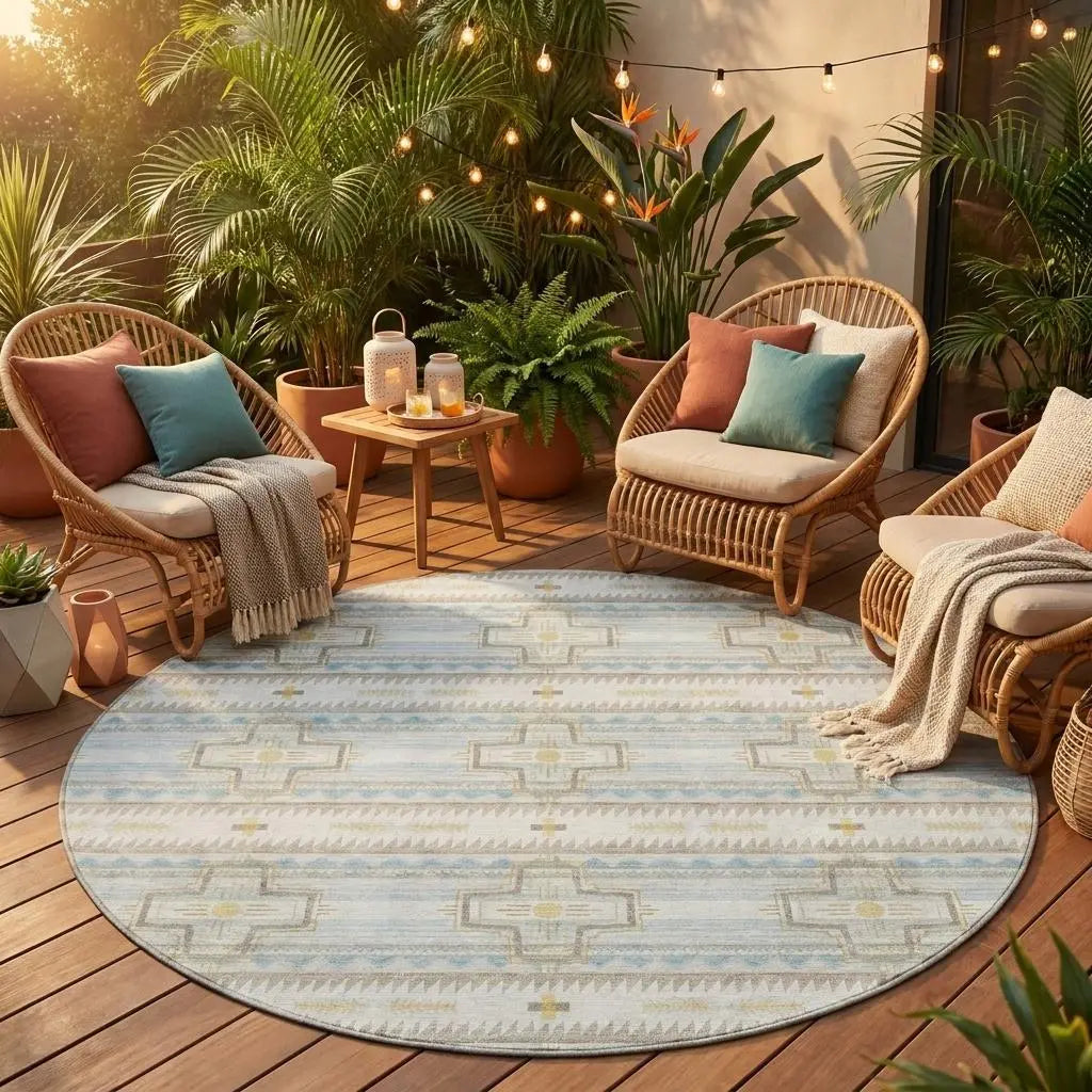 8' Ivory And Cream Round Tribal Washable Indoor Outdoor Area Rug Homeroots Outdoor