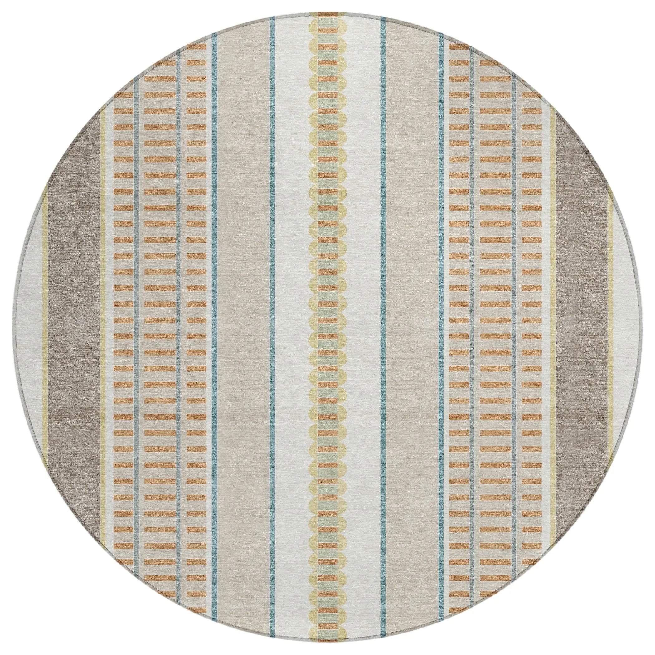 8' Ivory And Fern Green Round Striped Washable Indoor Outdoor Area Rug Homeroots Outdoor