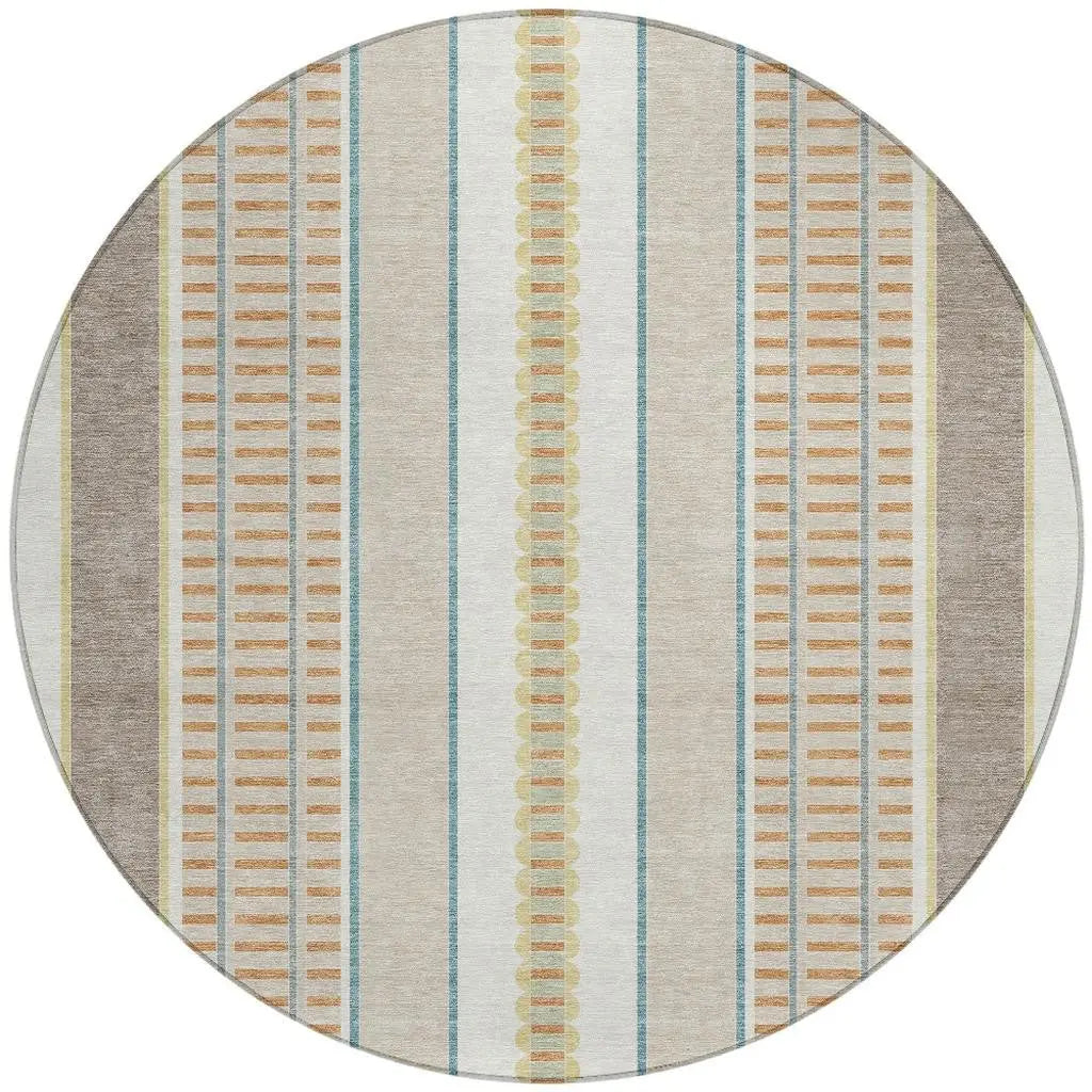 8' Ivory And Fern Green Round Striped Washable Indoor Outdoor Area Rug Homeroots Outdoor