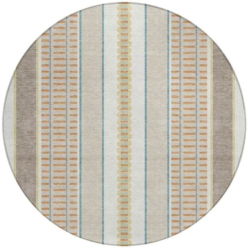 8' Ivory And Fern Green Round Striped Washable Indoor Outdoor Area Rug Homeroots Outdoor
