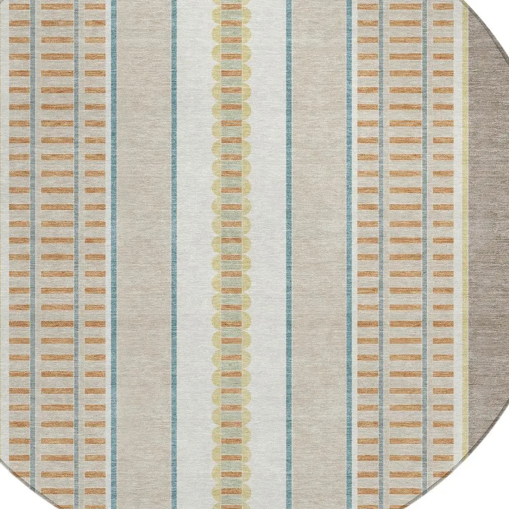 8' Ivory And Fern Green Round Striped Washable Indoor Outdoor Area Rug Homeroots Outdoor