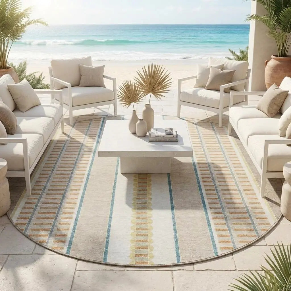 8' Ivory And Fern Green Round Striped Washable Indoor Outdoor Area Rug Homeroots Outdoor