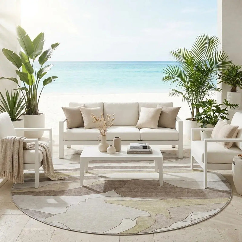 8' Ivory And Flax Round Abstract Washable Indoor Outdoor Area Rug Homeroots Outdoor