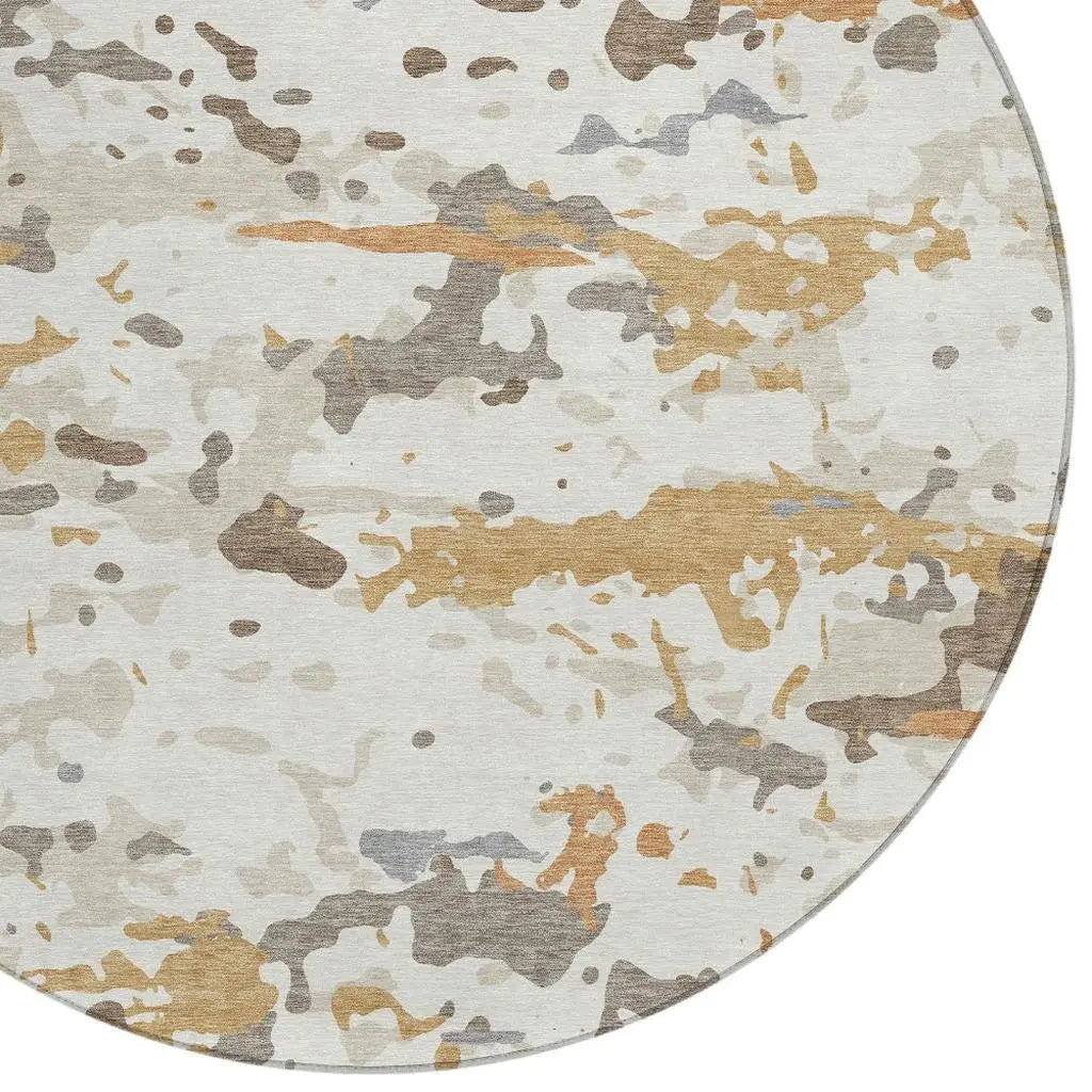 8' Ivory And Gold Round Abstract Washable Indoor Outdoor Area Rug Homeroots Outdoor