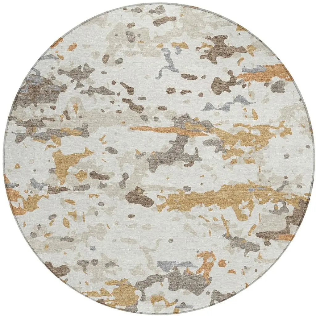 8' Ivory And Gold Round Abstract Washable Indoor Outdoor Area Rug Homeroots Outdoor
