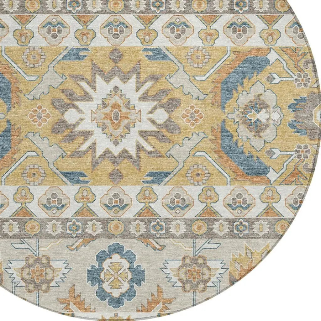 8' Ivory And Gold Round Cactus Washable Indoor Outdoor Area Rug Homeroots Outdoor