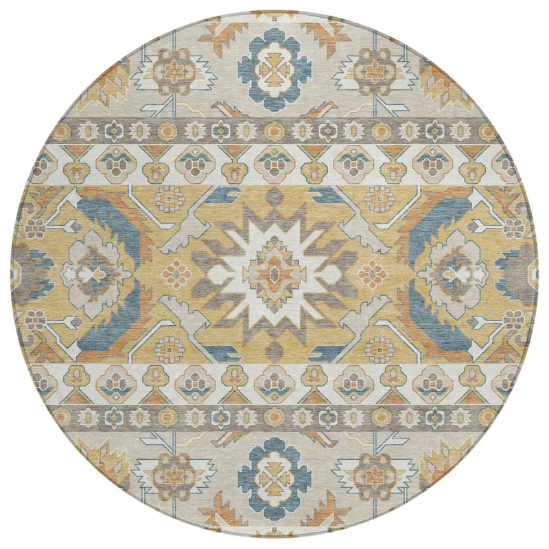 8' Ivory And Gold Round Cactus Washable Indoor Outdoor Area Rug Homeroots Outdoor