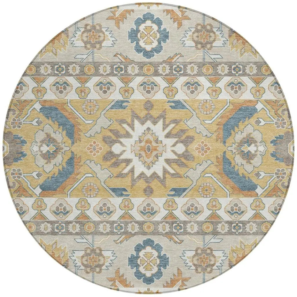 8' Ivory And Gold Round Cactus Washable Indoor Outdoor Area Rug Homeroots Outdoor