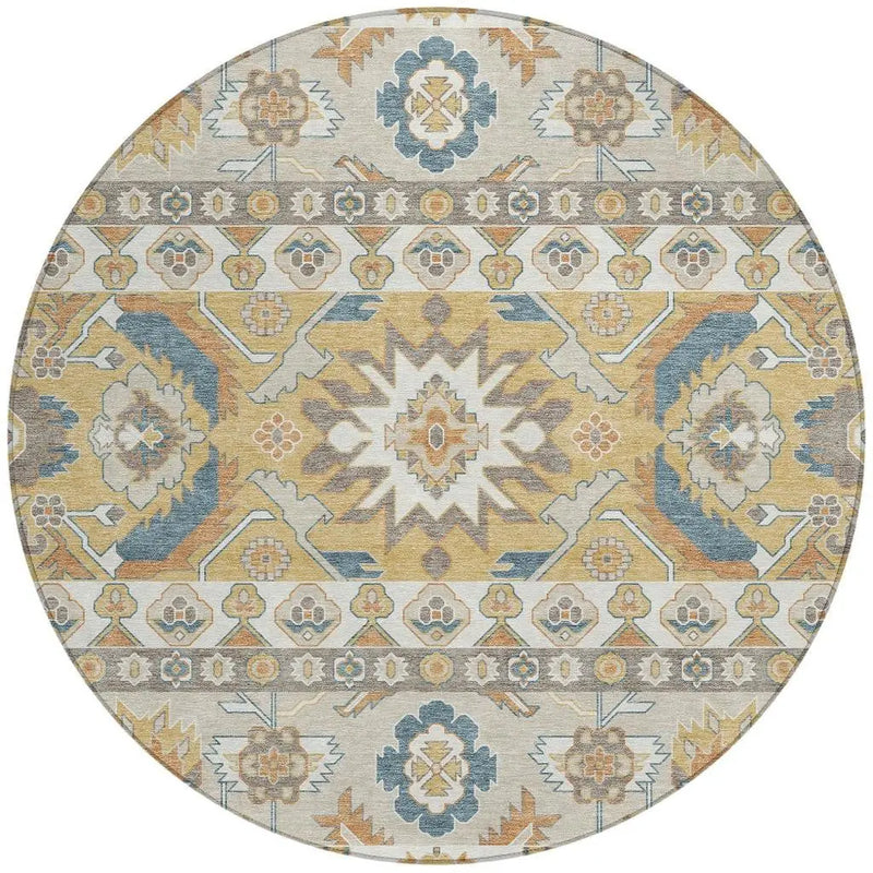 8' Ivory And Gold Round Cactus Washable Indoor Outdoor Area Rug Homeroots Outdoor
