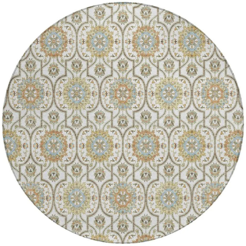 8' Ivory And Gold Round Floral Medallion Washable Indoor Outdoor Area Rug Homeroots Outdoor