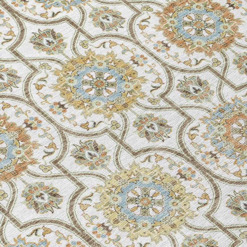 8' Ivory And Gold Round Floral Medallion Washable Indoor Outdoor Area Rug Homeroots Outdoor