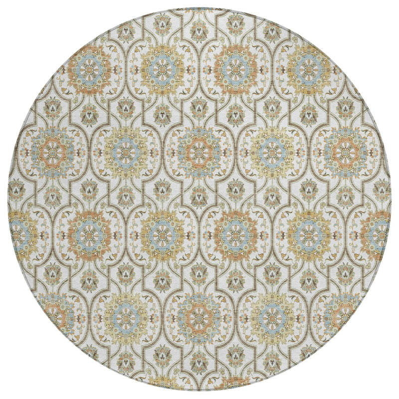 8' Ivory And Gold Round Floral Medallion Washable Indoor Outdoor Area Rug Homeroots Outdoor