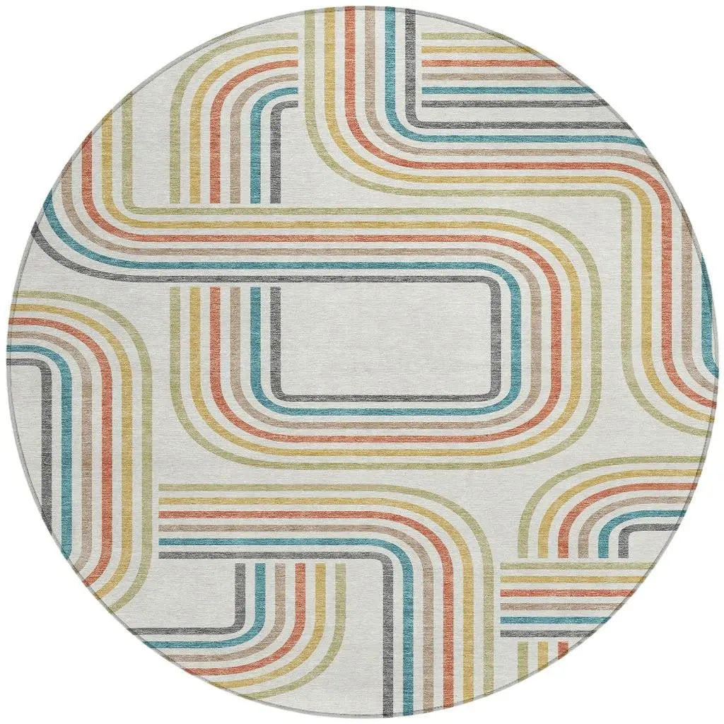8' Ivory And Gold Round Geometric Washable Indoor Outdoor Area Rug Homeroots Outdoor