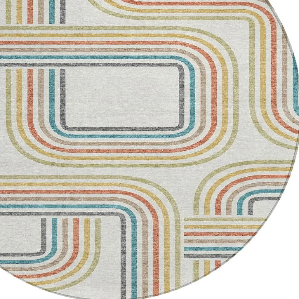 8' Ivory And Gold Round Geometric Washable Indoor Outdoor Area Rug Homeroots Outdoor