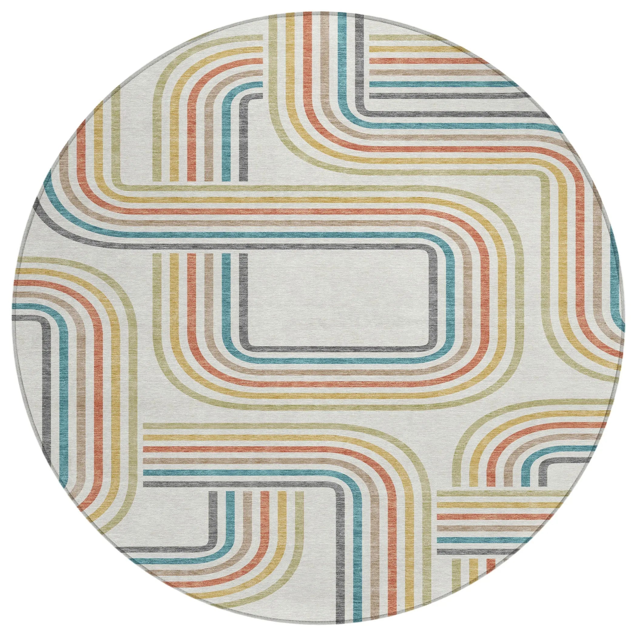8' Ivory And Gold Round Geometric Washable Indoor Outdoor Area Rug Homeroots Outdoor