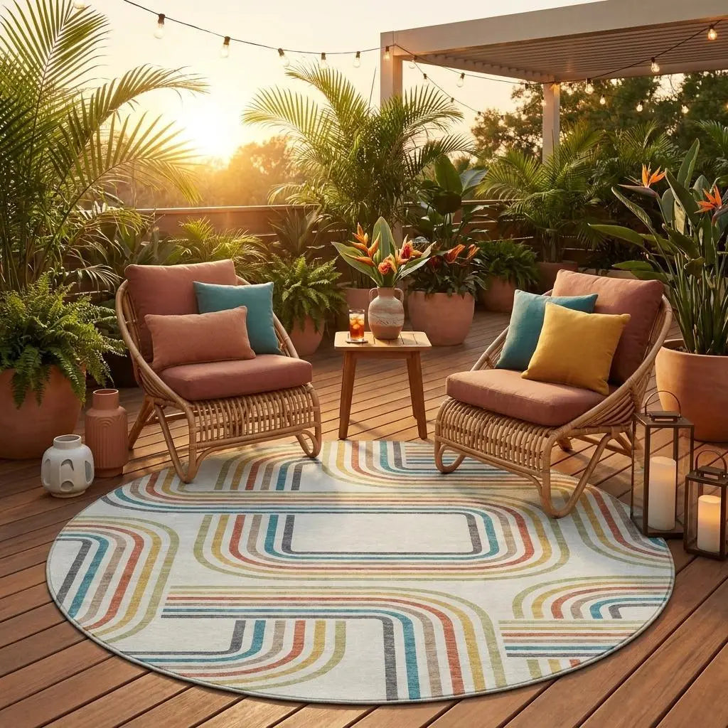 8' Ivory And Gold Round Geometric Washable Indoor Outdoor Area Rug Homeroots Outdoor