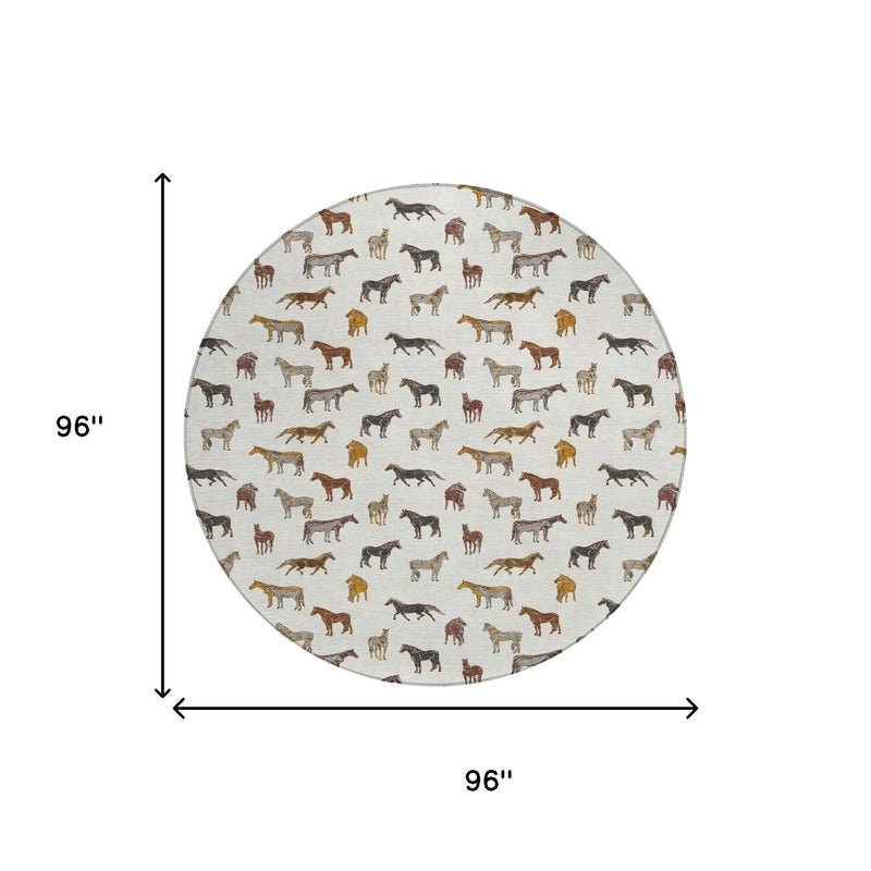 8' Ivory And Gold Round Horse Washable Indoor Outdoor Area Rug Homeroots Outdoor