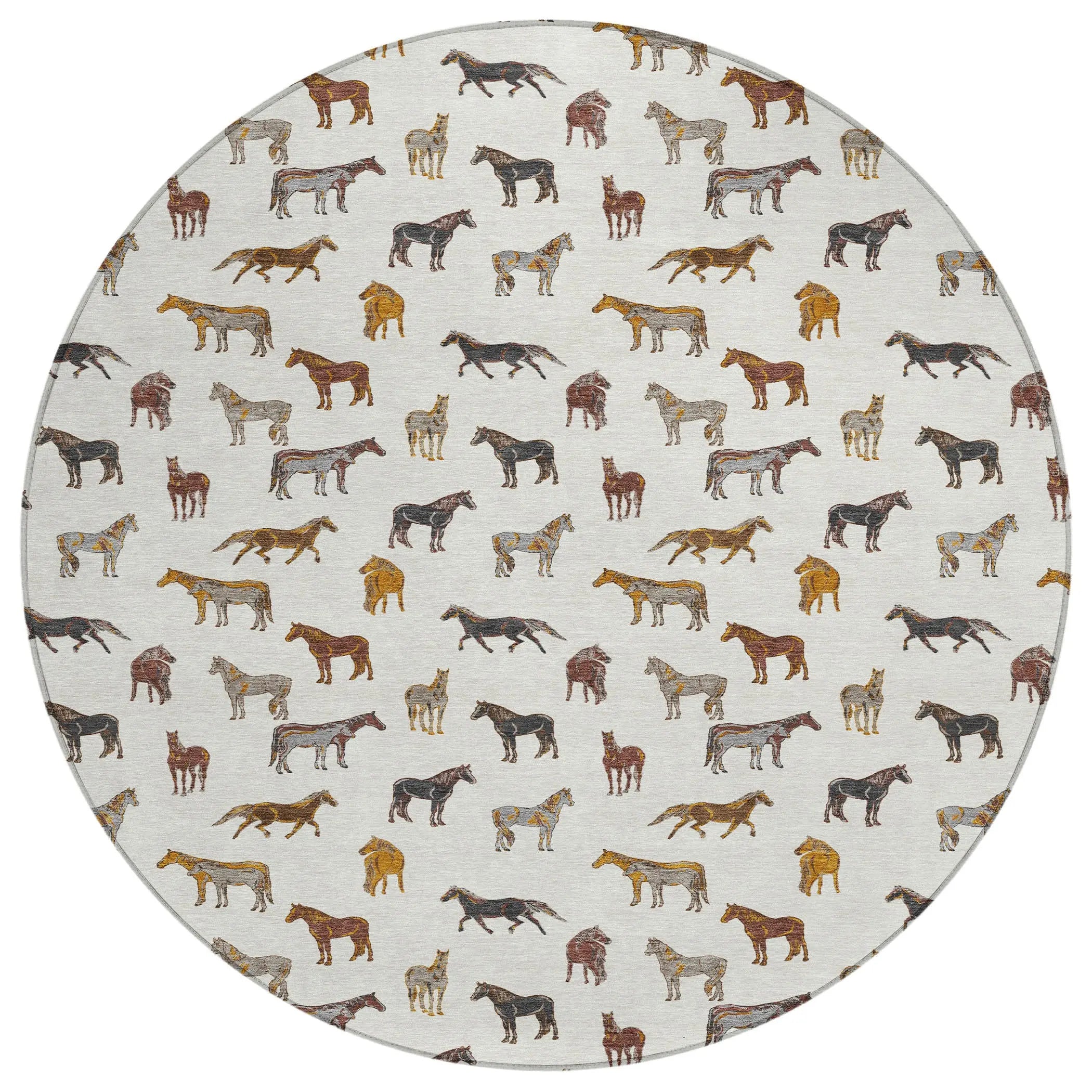 8' Ivory And Gold Round Horse Washable Indoor Outdoor Area Rug Homeroots Outdoor