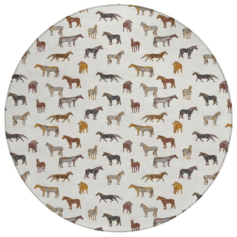 8' Ivory And Gold Round Horse Washable Indoor Outdoor Area Rug Homeroots Outdoor