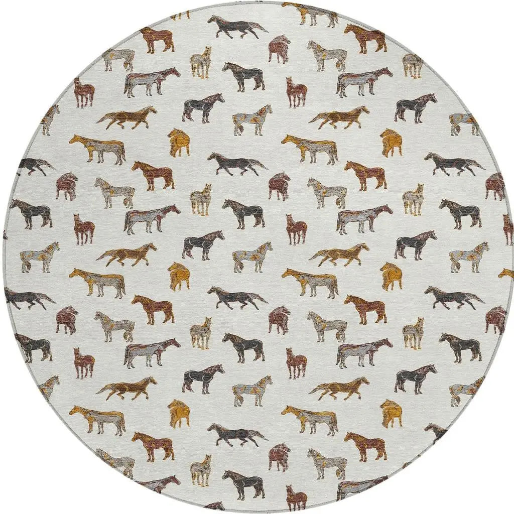 8' Ivory And Gold Round Horse Washable Indoor Outdoor Area Rug Homeroots Outdoor