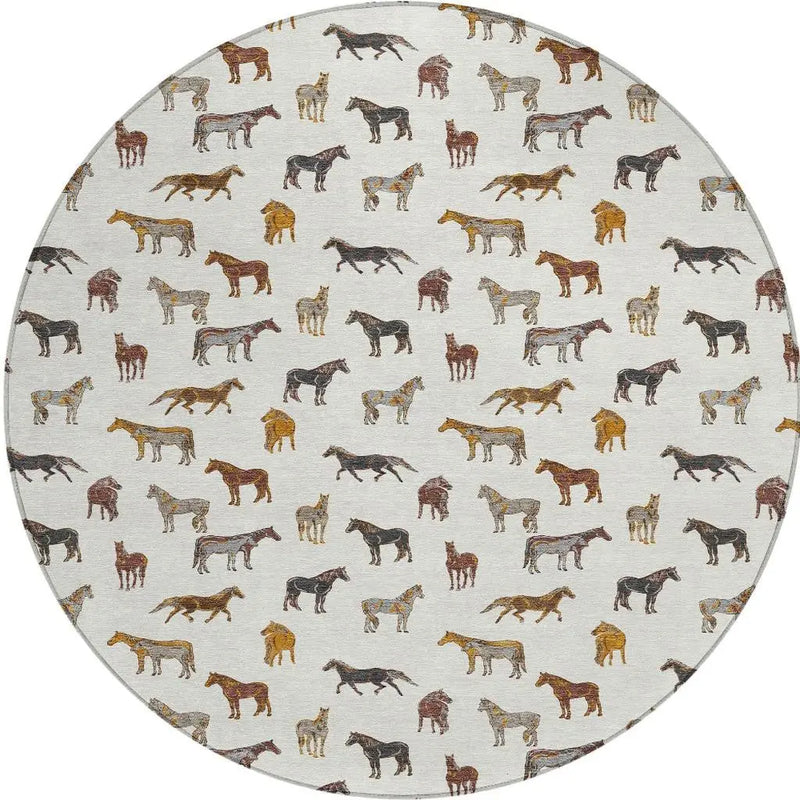 8' Ivory And Gold Round Horse Washable Indoor Outdoor Area Rug Homeroots Outdoor