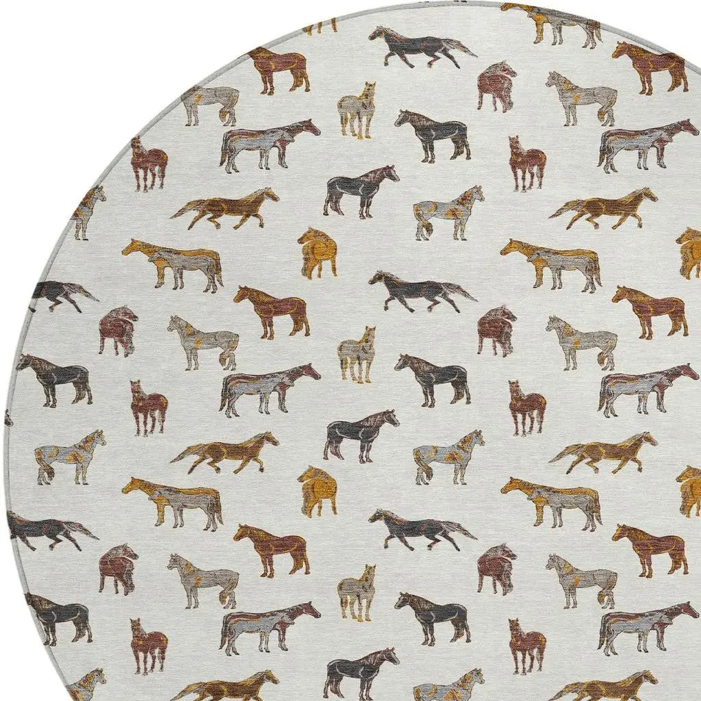 8' Ivory And Gold Round Horse Washable Indoor Outdoor Area Rug Homeroots Outdoor