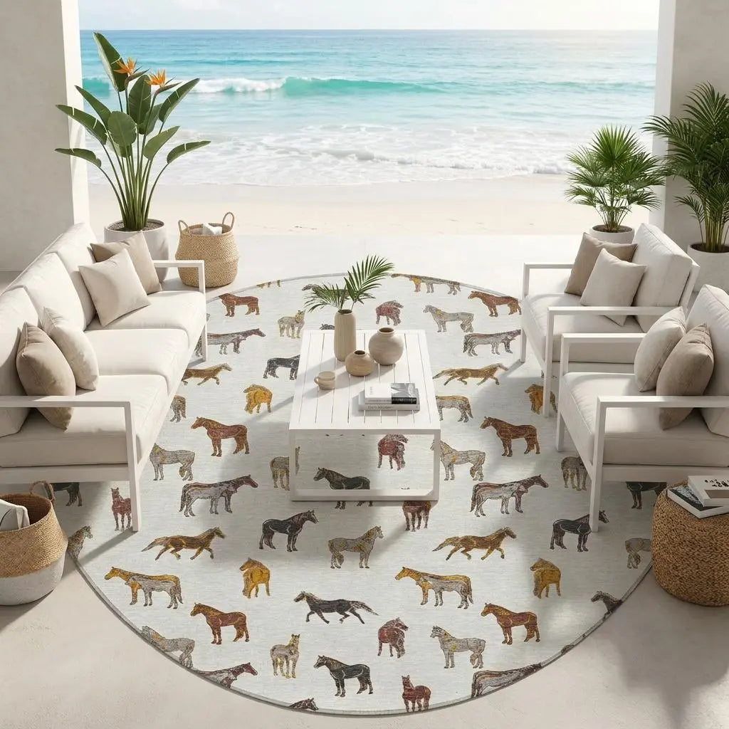8' Ivory And Gold Round Horse Washable Indoor Outdoor Area Rug Homeroots Outdoor