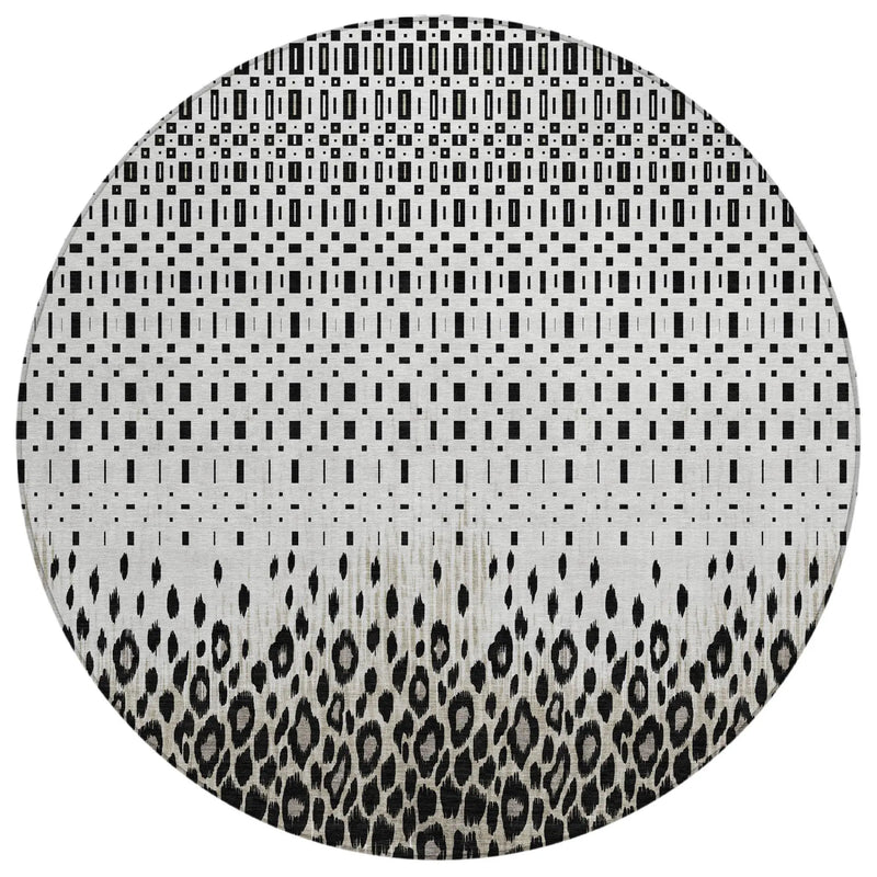 8' Ivory And Graphite Round Geometric Washable Indoor Outdoor Area Rug Homeroots Outdoor